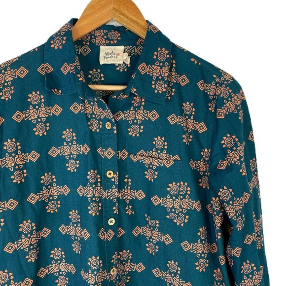 Mata Traders Womens Teal Blue Aztec Pattern Button Front Shirt Top Size Small - Picture 3 of 5